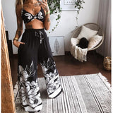 Pbong 2 Pecs Suit Summer Tracksuit Sets Womens Outfits Boho Beach Style Print Underwear Loose Wide Leg Pants Ropa Mujer Подходить New