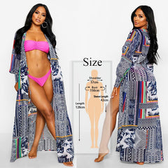 Bikini Cover-ups Bohemian Printed Long Kimono Cardigan Plus Size Chiffon Tunic Women Beach Wear Swim Suit Cover Up Q912