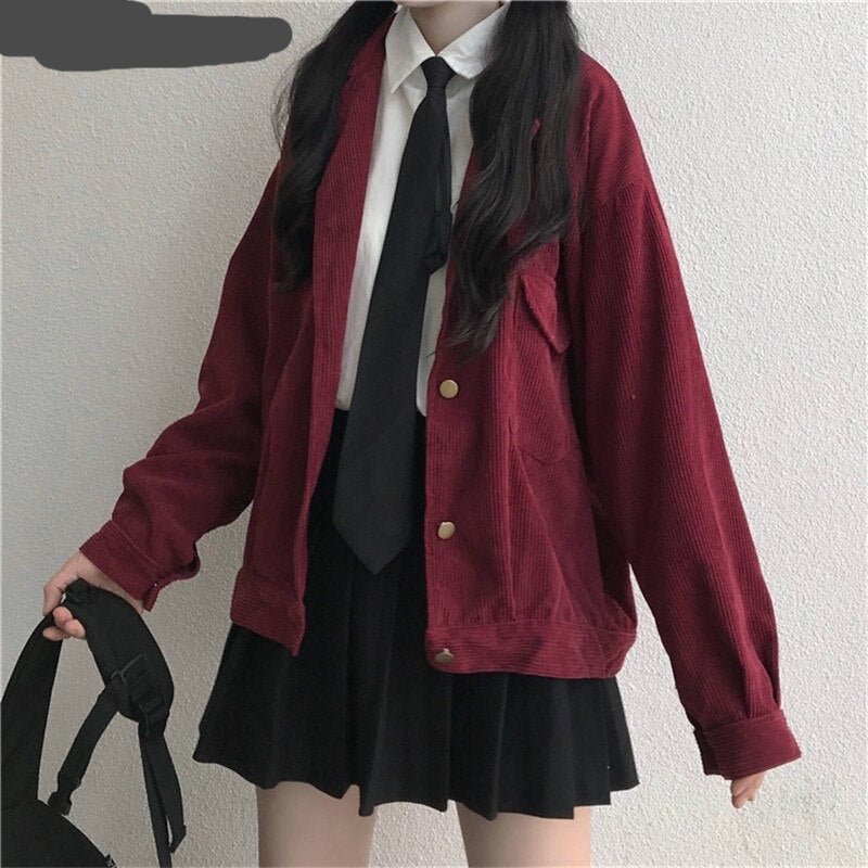 Japanese Harajuku Spring Autumn Women Streetwear Jacket Apricot Wine Red Casual Loose Oversized Coat Vintage Corduroy Outerwear