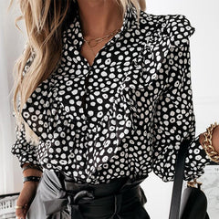 Autumn Winter Long Sleeve V-Neck Shirts Tops Ladies Polka Dot Print Ruffle Blouse Shirt Elegant Office Women Button Blusas