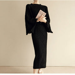 Korean New Fashion Knitted 2 Piece Set Twist Crochet Batwing Sleeve Loose Sweater Crop Top And Split Bodycon Skirt Women's Suits