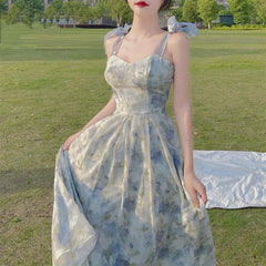 Elegant Long Flower Strap Dress Women Vintage Sweet Print Korean Slip Fairy Dress Casual Calssy Party Princess Dress Summer
