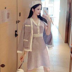 New  Autumn Winter Knitted 2 Piece Set Women Single-Breasted Houndstooth Cardigan Jacket Warm Sweater Coat+Knit Vest Dress