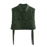 Women Green Pocekts Quilting Cropped Vests  Fashion Side Buttons Tie Turn-down Collar Waistcoat Streetwear