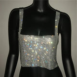 Pbong  mid size graduation outfit romantic style teen swag clean girl ideas 90s latina aesthetic freaknik tomboy swaggy going out  Glitter Nightclub Backless Rhinestone Tank Top Women Sexy Metal Crystal Diamonds Sequined Night Club Party Wear Crop Top