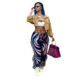 Side Tassels Patchwork Striped Print Jogger Pant Women Rave Festival Clothing Fashion Casual High Waist Bodycon Sweat Pants