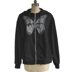 Oversized Butterfly Graphic Rhinestone Zip Up Hoodies Y2K Fashion E-girl 90s Streetwear Diamond Grey Long Jacket Autumn