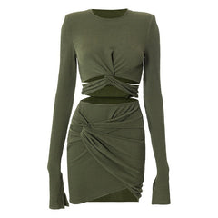 Solid Color Fashion Sexy Two-Piece Sets Hollow Design Short Top + Mini Slim Skirt For Women Go Out Street Club Party Wear