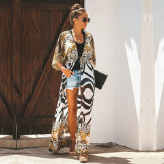 Bikini Cover-ups Bohemian Printed Long Kimono Cardigan Plus Size Chiffon Tunic Women Beach Wear Swim Suit Cover Up Q912