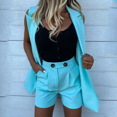 Two-Piece Suit Waistcoat And Shorts Set Solid Color Vest Coat Single Button Yellow Sleeveless Blazers With Shorts Suit