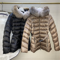 High Quality Women Fashion Hooded Down Jackets Large Fox Fur Collar Light Fluffy Winter Warm Down Coats with Belt Casual Clothes
