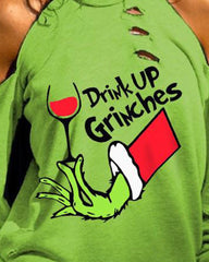 Christmas Festival Grinches Letter Print Cutout Ladies Pullover Top Long Sleeve Sweatshirts Casual Green T-Shirts New Year