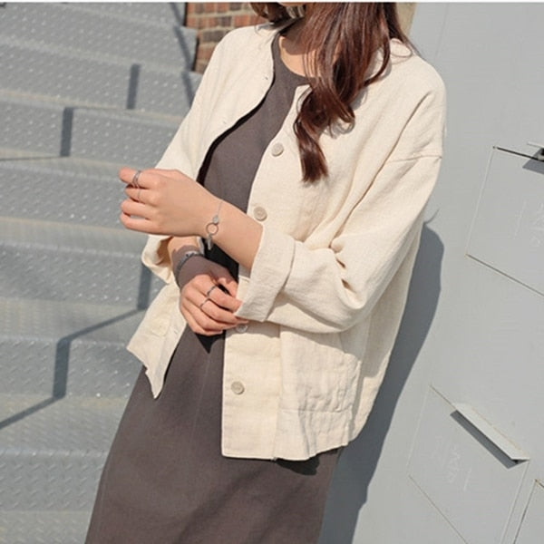 New Summer Fall Women's Jacket Fashionable Casual Loose Pockets Outerwear Short Cotton and Linen Tops JK8109