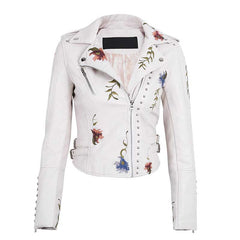 Ailegogo Spring Autumn Flowers Embroidery Pu Leather Jacket Women Turn-down Collar Rivet Zipper Black Biker Coats Tops Clothes