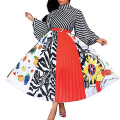 Pbong mid size graduation outfit romantic style teen swag clean girl ideas 90s latina aestheticWomen Striped Printed Dresses A Line Long Sleeves High Collar With Waist Belt Vintage Flower Female African Classy Modest Spring