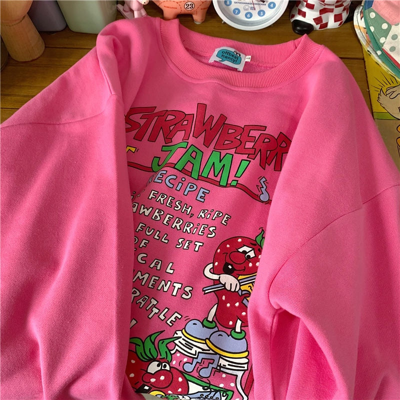 New Harajuku Retro Top Strawberry Print Hoodie Women Loose Streetwear Sweatshirt American Retro Oversized Pullover