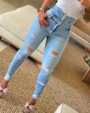 Pbong New Streetwear Womens Clothing High Waist Button Ripped Tight Jeans Fashion Casual Bodycon Trousers Skinny Denim Long Pants