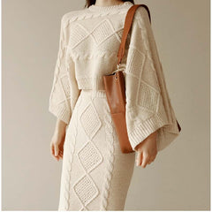Korean New Fashion Knitted 2 Piece Set Twist Crochet Batwing Sleeve Loose Sweater Crop Top And Split Bodycon Skirt Women's Suits