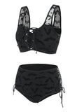 Bat Crescent Mesh Lace-Up Padded Bikini Set Women Fashion Summer Tankini Swimsuit Two Pieces Bathing Suit Beachwear