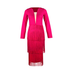 Pbong mid size graduation outfit romantic style teen swag clean girl ideas 90s latina aestheticRose Red Long Sleeves Tassels Women Midi Dress Deep V Neck Sexy Patchwork with Zipper Female Date Out Fashion Spring New