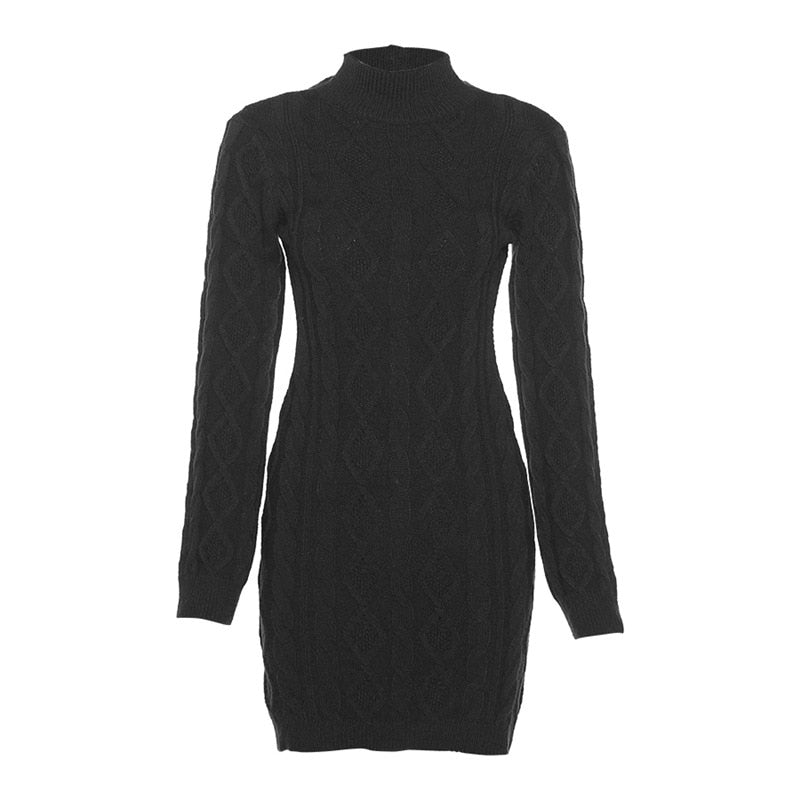 Cryptographic Fall Winter Fashion Twist Knitted Long Sleeve Backless Mini Dress for Women Elegant Warm Dresses Outfits Clothes