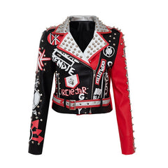 RED color soft pu leather coats Women cartoon Print Leather  Turn-down collar Punk Rock Cropped Jackets faux leather coat Y470