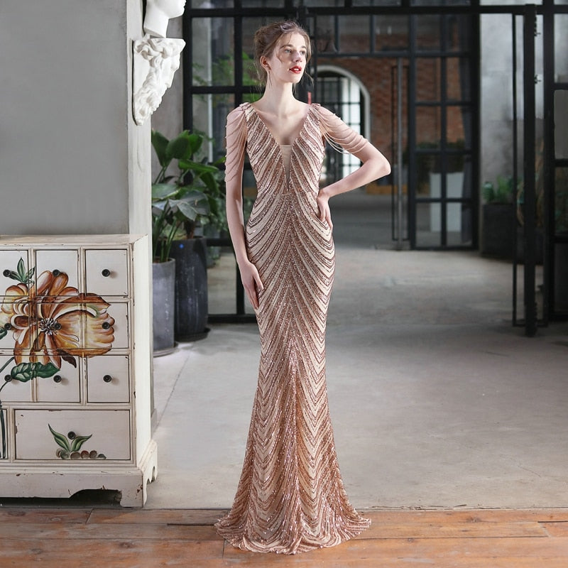 Women Beading Dress Long Prom Dress Deep V Neck Silver Sequin Evening Dress Sexy Party Maxi Dress