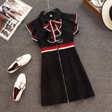 New  Summer Runway Designer Women Retro Butterfly Sleeveless Bow Tie Collar Ruffles Weave Striped Zipper Up Mini Dress