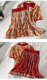 Summer Runway Knit Skirt Suit Women Short Sleeve Flower Sweater Top+Mini Pleated Skirt Set Girls Student 2pcs Suit