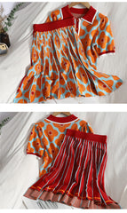 Summer Runway Knit Skirt Suit Women Short Sleeve Flower Sweater Top+Mini Pleated Skirt Set Girls Student 2pcs Suit