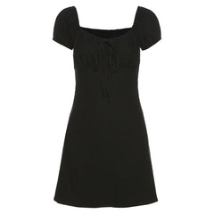 kpop puff sleeve sexy low collar slim black dresses woman elegant simple high street female fashion party club mini dress