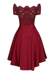 Elegant Red Lace Dress Women Patchwork Slash Neck Short Sleeve Sashes Tunic Dress  Summer Ladies Sexy Evening Party Dresses