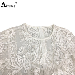 Boho Lace Solid White Perspective Thin Female The Dress Round Neck Embroidery Tassel Bilateral split  Women Dresses