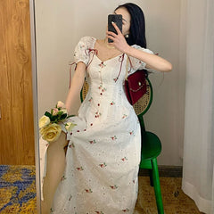 French Sweet Fairy Dress Summer Floral Women Vintage Split Dress Kawaii Korean Style Casual Party Evening Elegant Dress