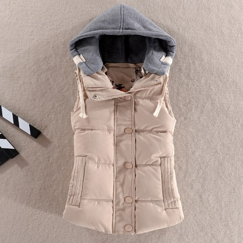 winter women solid thick vest hooded casual female warm outwear cotton padded office ladies single breasted chaleco mujer