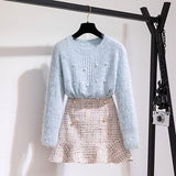 New Autumn Winter Two Piece Set Tracksuit Women Elegant Beading Knitted Sweater+High Waist Tweed Mermaid Skirt Ladies Outfits
