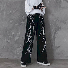 Men's casual pants dark lightning print loose all-match retro pants high street straight wide-leg pants sports pants mens autumn