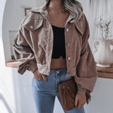 New Long Sleeve Women Corduroy Short Jacket Solid Color Button Pocket Crop Coat Long Puff Sleeve Outwear Pockets Top