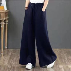 Pbong Women's Cotton Linen Pants High Waisted Harem Loose Soft Elastic Waist White Summer Pants Blue Casual  Trousers For Female