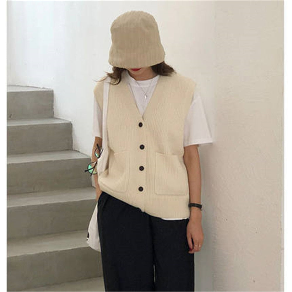 Knitted Sweater Vest Women Soft Stretchy Simple Basic Daily V-neck Solid Open-stitch Female Street-wear Vintage Korean All-match