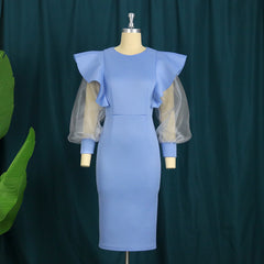Pbong mid size graduation outfit romantic style teen swag clean girl ideas 90s latina aestheticWomen Blue Dress Ruffle Bodycon O Neck Long Tulle Sleeve See Through Pathwork Party Elegant Events Christmas Party Evening Robes