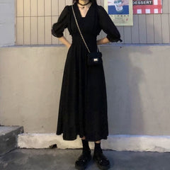 Dress Women Autumn Chic Simple Elegant Puff Sleeve Vintage Black Ladies Streetwear Party Daily V-neck Female Clothing Vestidos