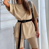 New Casual Solid Women's Two Piece Suit with Belt Solid Color Home Loose Sports Fashion Leisure Suit Summer Clothing