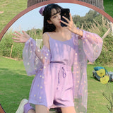 Women Sets Chic Purple Korean Sweet Summer Sun-proof Teens 3 Piece Set Floral Long Sleeve Blouse Chic High Waisted Womens Shorts