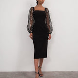Sexy Sheer Lantern Sleeve Long Dress Fashion Patchwork Embroidery Mesh Party Dress Women Casual Square Collar Slim Bodycon Dress