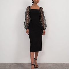 Sexy Sheer Lantern Sleeve Long Dress Fashion Patchwork Embroidery Mesh Party Dress Women Casual Square Collar Slim Bodycon Dress