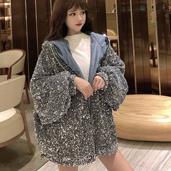 Outerwear Sequins Fashion Hooded Women Cotton Jacket Winter New Large Size Thick Loose Korean Women's Cotton Jacket JK244