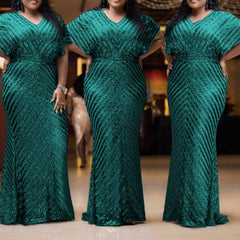 Plus Size Green Evening Party Dress For Women 3XL Elegant Wedding Formal Clothing Simple Design Sequin Long Dresses Large Sizes
