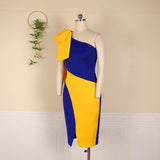 Women Dresses Bodycon Party Sexy One Shoulder Bowtie Blue Yellow Patchwork Irregular Sheath Event Lady African Autumn Night Out  Pbong mid size graduation outfit romantic style teen swag clean girl ideas 90s latina aesthetic