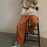 Checkered Pants for Women Vintage Plaid Pants Fashion Korean Style Wide Leg Pants Women Summer Blue Harajuku Oversized Trousers